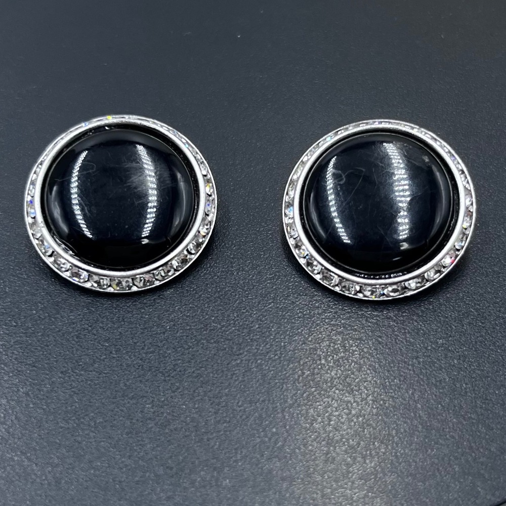 Lisner Vintage Signed Black Lucite Rhinestone Silver Tone
Clip On Earrings